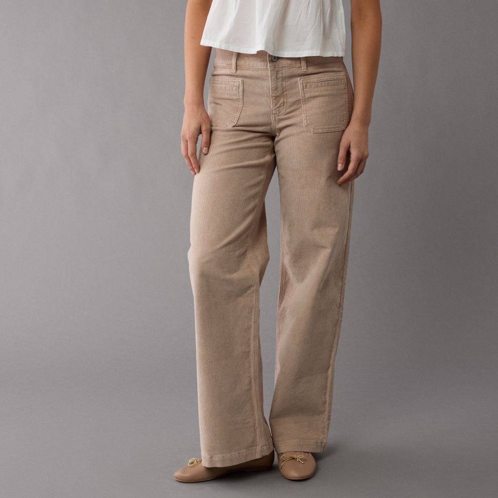 AE Stretch Corduroy Low Rise Baggy Wide Leg Pant. Ivory/Tan